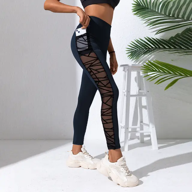 Mesh Stitching Yoga Clothes Hip lift And Belly Shaping Trousers Navy Blue - Shop at LoveMi