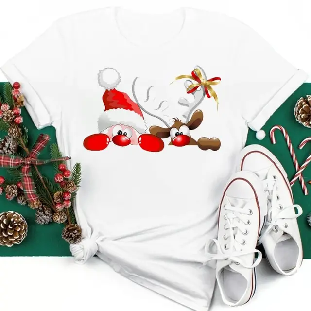 European And American Festival Cute Santa Claus And Deer Women T shirt White - Shop at LoveMi