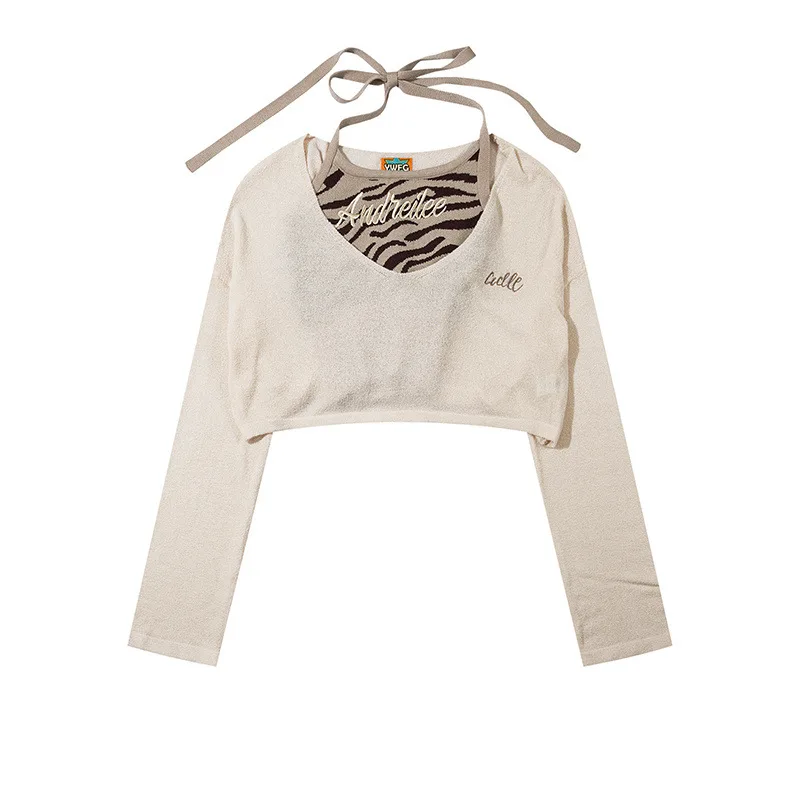 Women's Fashion Retro Short Knitwear Sling Bottoming Top Two piece Set Apricot - Shop at LoveMi
