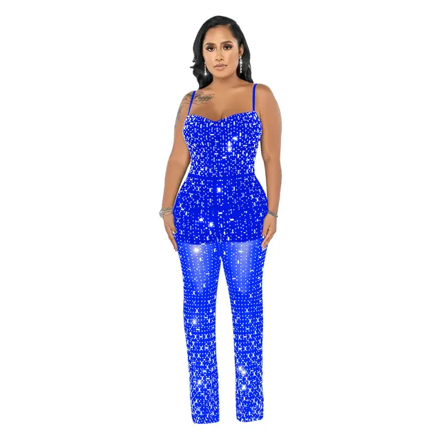 Women's Wear Rhinestone Mesh Camisole Sleeveless Trousers Jumpsuit C6556 Blue - Shop at LoveMi