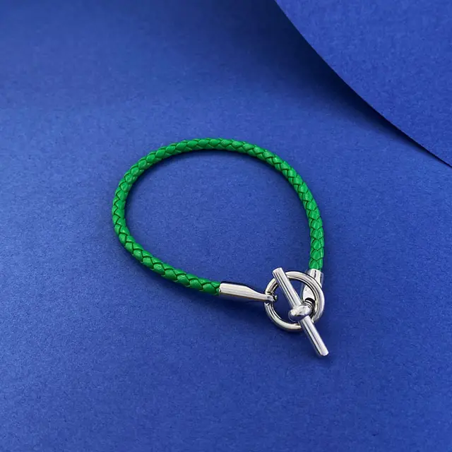 Fashion Punk OT Buckle Leather Braided Bracelet Silver Green - Shop at LoveMi