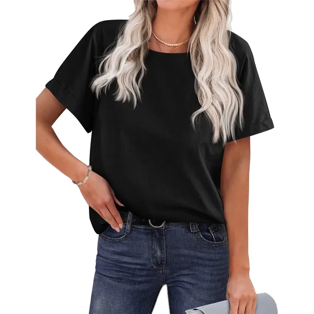 Women's Shirt Short sleeved Cotton And Linen Top Black - Shop at LoveMi