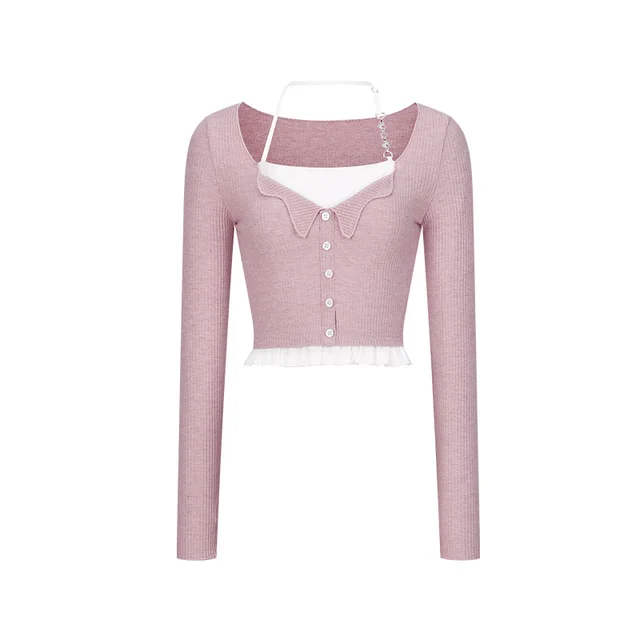 Knitted Lace Fake Two piece Top Flower Ash Powder - Shop at LoveMi