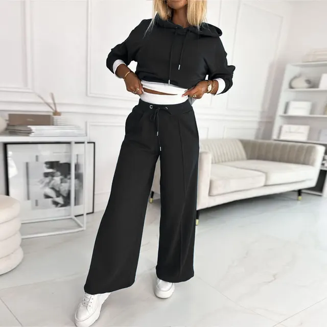 Women's Hoodie Suit Sporty Casual Long Sleeved Hooded Sweatshirt And Drawstring Pocket Sweatpants Fashion Commuter Trousers Set Outfit Clothing B... Black - Shop at LoveMi