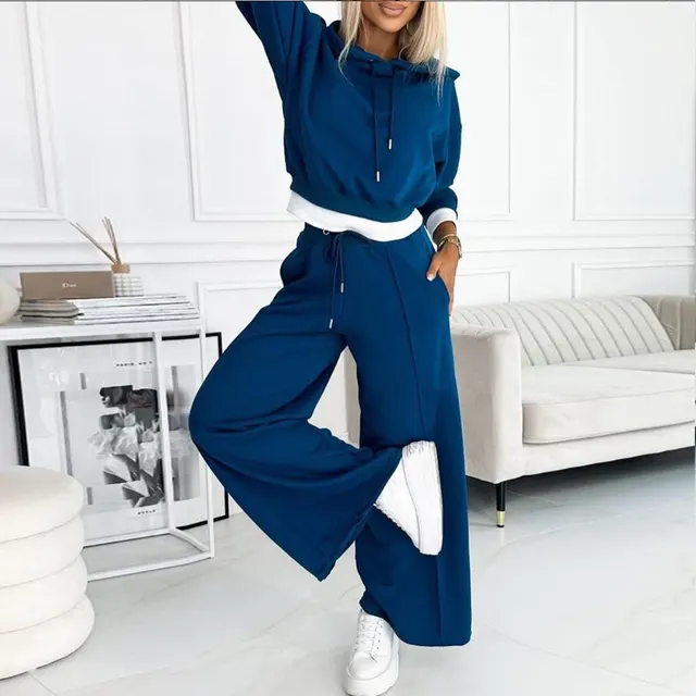 Women's Hoodie Suit Sporty Casual Long Sleeved Hooded Sweatshirt And Drawstring Pocket Sweatpants Fashion Commuter Trousers Set Outfit Clothing Blue - Shop at LoveMi