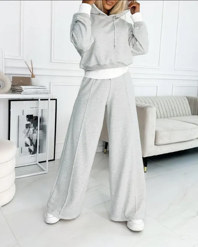 Women's Hoodie Suit Sporty Casual Long Sleeved Hooded Sweatshirt And Drawstring Pocket Sweatpants Fashion Commuter Trousers Set Outfit Clothing Light Gray - Shop at LoveMi