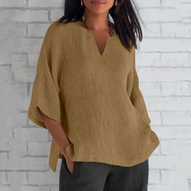 Three quarter Sleeve Cotton And Linen V neck Top Split Women's Clothing Brown - Shop at LoveMi