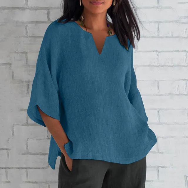 Three quarter Sleeve Cotton And Linen V neck Top Split Women's Clothing Dark Blue - Shop at LoveMi