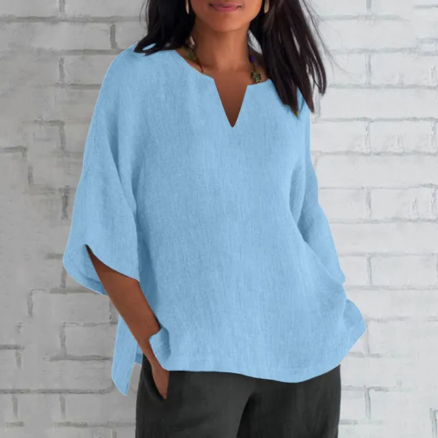 Three quarter Sleeve Cotton And Linen V neck Top Split Women's Clothing Light Blue - Shop at LoveMi