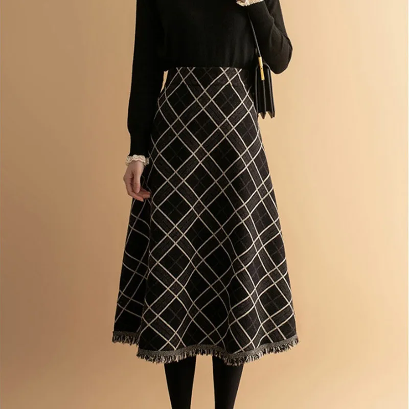 Plaid For Women Big Hem Skirt Wool Midi Dress Black - Shop at LoveMi