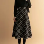 Plaid For Women Big Hem Skirt Wool Midi Dress - Black
