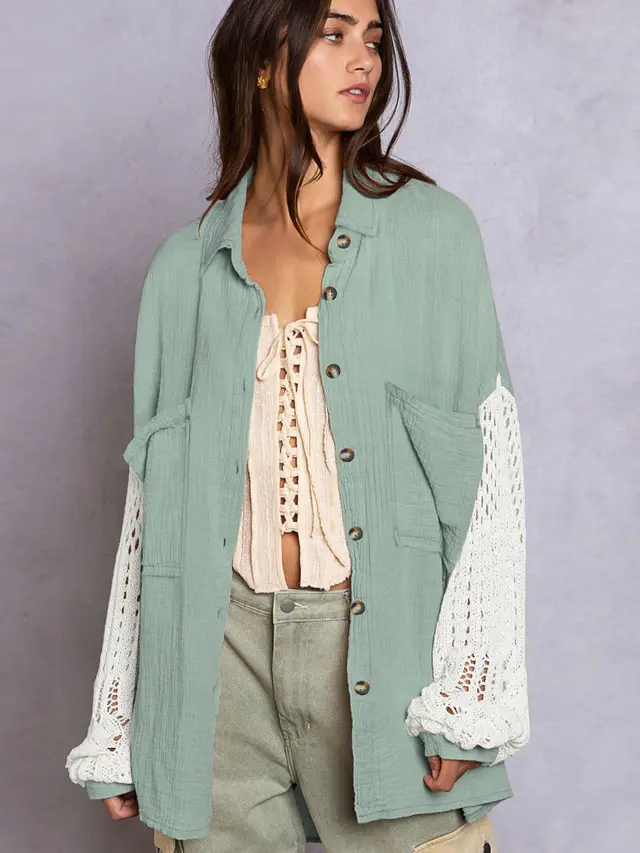 Women's Lace Stitching Crepe Shirt Gsck004 Light Green - Shop at LoveMi
