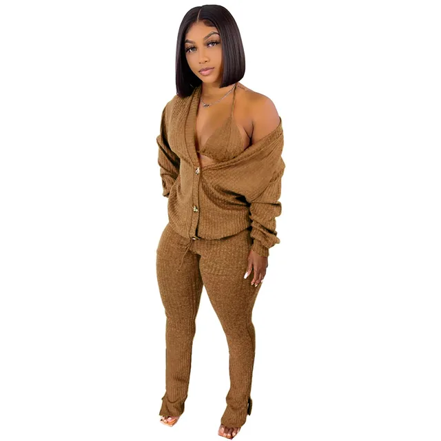 Sweater Coat Underwear Pocket 3 piece Set Suit Brown - Shop at LoveMi