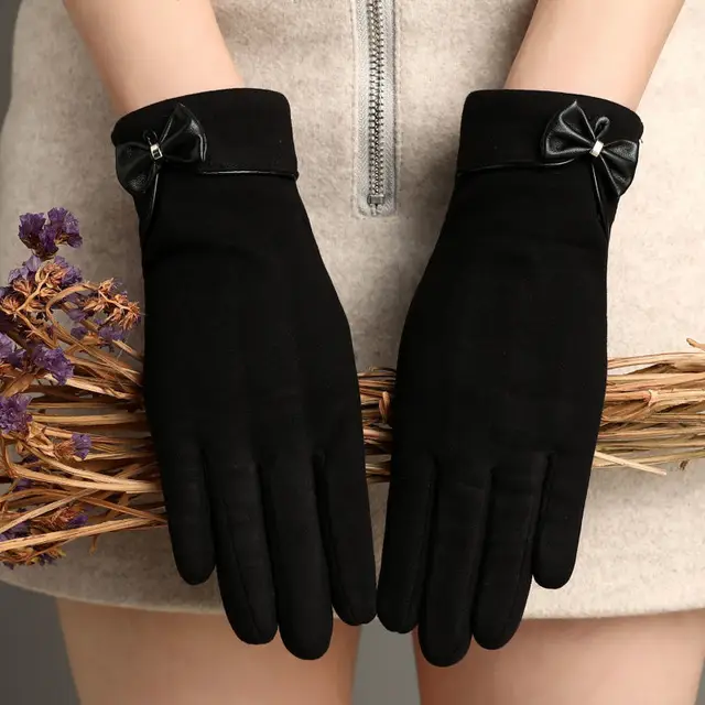 Fleece lined De Suede Bow Gloves Touch Screen Warm Outdoor All matching Black - Shop at LoveMi