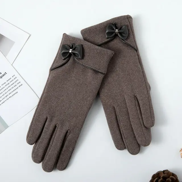 Fleece lined De Suede Bow Gloves Touch Screen Warm Outdoor All matching Gray - Shop at LoveMi