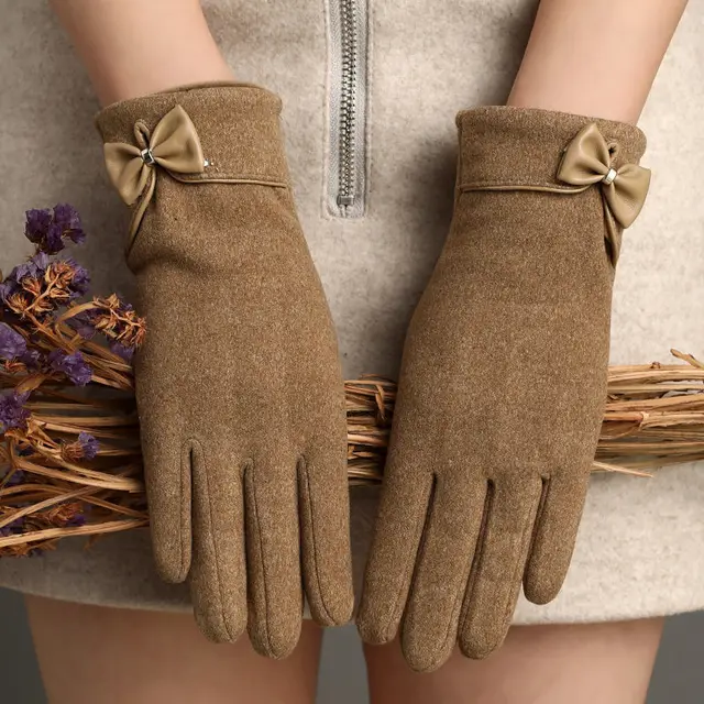 Fleece lined De Suede Bow Gloves Touch Screen Warm Outdoor All matching Khaki - Shop at LoveMi