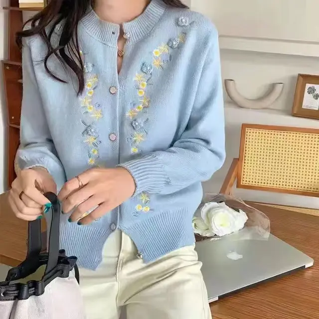 Embroidered Three dimensional Flower Knitted Cardigan Women's Sweater Coat Blue - Shop at LoveMi