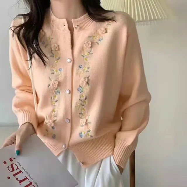 Embroidered Three dimensional Flower Knitted Cardigan Women's Sweater Coat Orange Pink - Shop at LoveMi