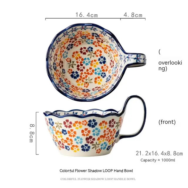 Hand painted Handle Ceramic Tableware Household Vintage Soup Bowl Instant Noodles Salad Bowl Colorful Flowers - Shop at LoveMi