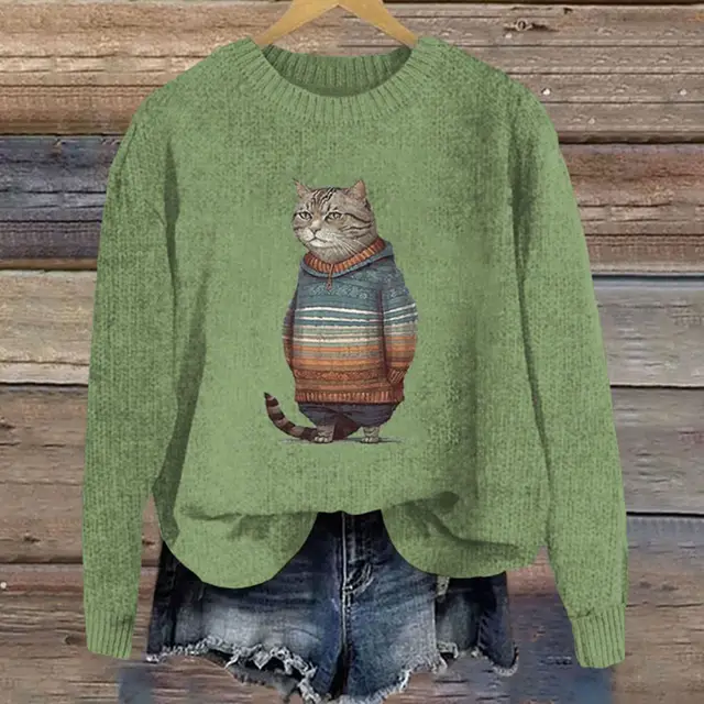 Fashion Round Neck Pullover Heat Transfer Patch Sweater Green - Shop at LoveMi