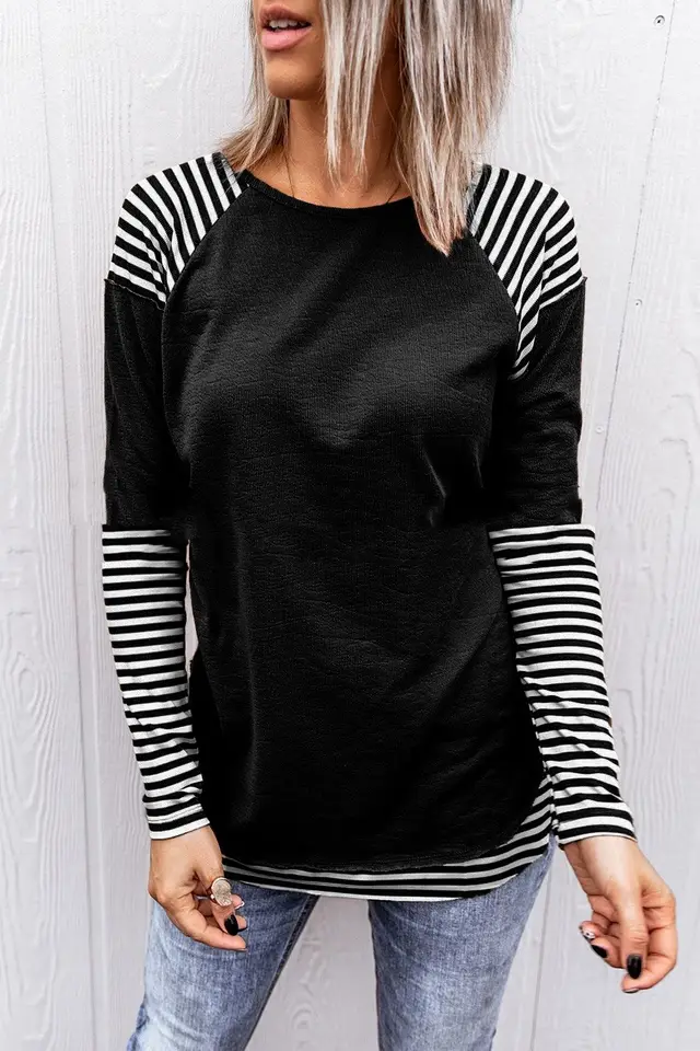 Round Neck Patchwork Stripes Loose Women's Long Sleeve Black - Shop at LoveMi