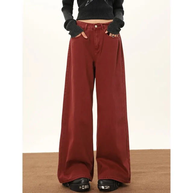 Wine Red Wide Leg Jeans For Women In Autumn And Winter Agate Red - Shop at LoveMi