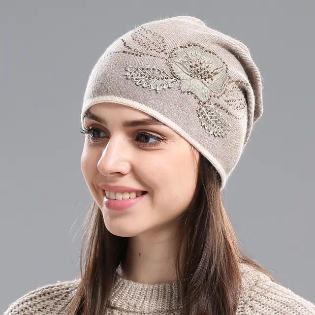 Winter Hat Sleeve Cap Thick Wool Women's Warm With Diamond C05 - Shop at LoveMi