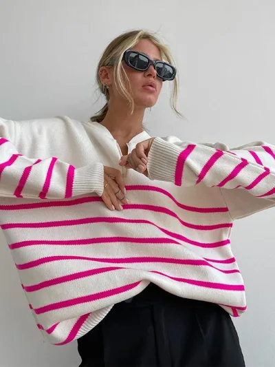 Zipped Round Neck Striped Sweater Women Loose Plus Size Knitwear Rose Red - Shop at LoveMi