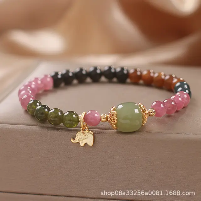 Women's Ethnic Style Natural Tourmaline Elephant Pendant Bracelet Tourmaline Hetian Jade Beads - Shop at LoveMi