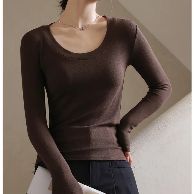 Thread Modal Solid Color Large Round Neck Long Sleeves Base Shirt Brown - Shop at LoveMi