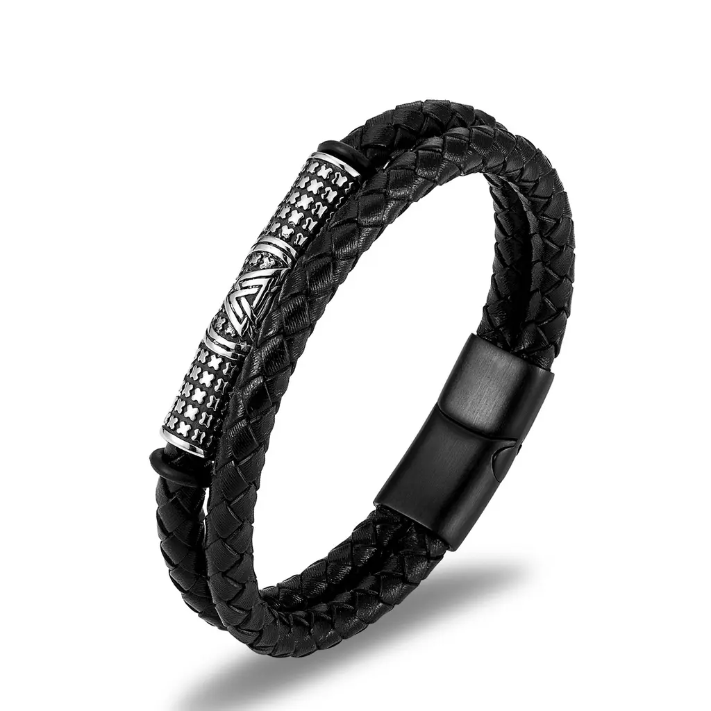 Nordic Viking Simple Men's Leather Titanium Steel Bracelet European And American Double Woven - Black21.5Cm