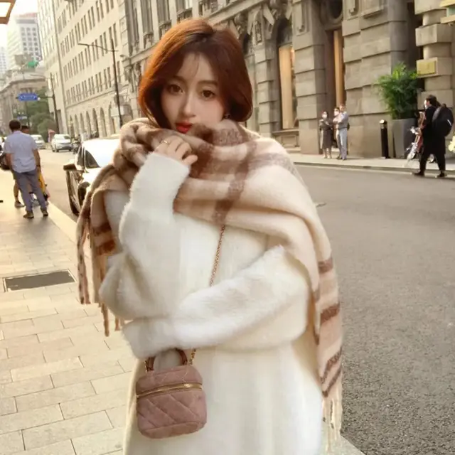 Women's Cashmere like Houndstooth Design Outer Shawl Scarf Khaki Stripe - Shop at LoveMi