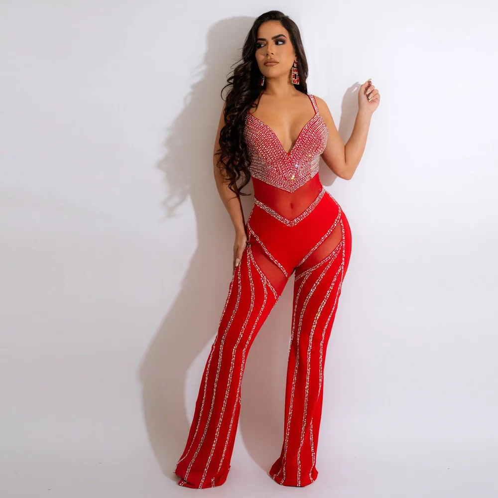 Women's See-through Deep V Rhinestone Jumpsuit - Red