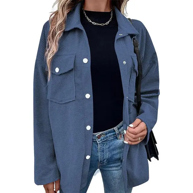 Women's Waffle Long Jacket Shirt Blue - Shop at LoveMi