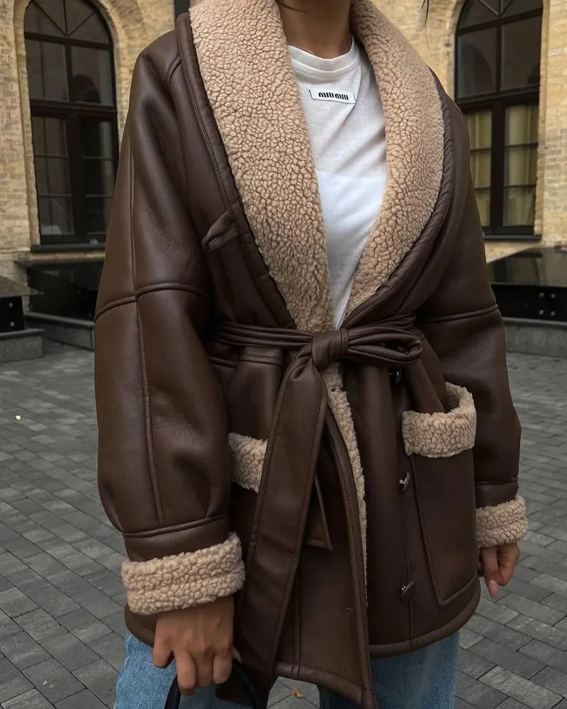 Leather And Fur Korean Style Long Sleeve Splicing Coat Women Brown - Shop at LoveMi