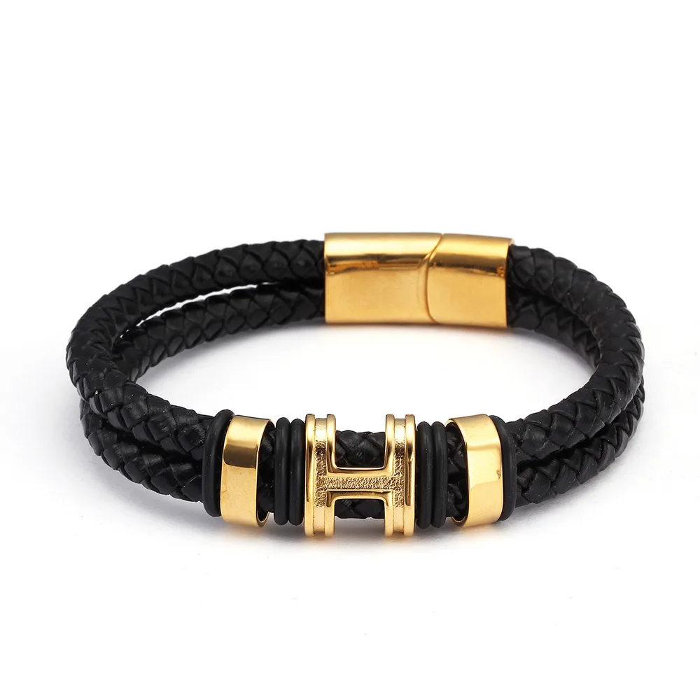 Retro Style Stainless Steel Ring H Accessories Genuine Leather Charm Accessories Men Women Bracelet Golden Red - Shop at LoveMi