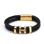 Retro Style Stainless Steel Ring H Accessories Genuine Leather Charm Accessories Men Women Bracelet - Golden Red