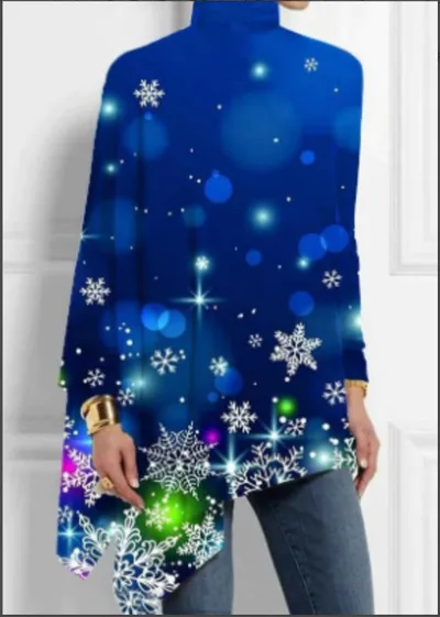 Fashion High Collar Loose And Irregular Digital Printed Long sleeved Top Blue - Shop at LoveMi