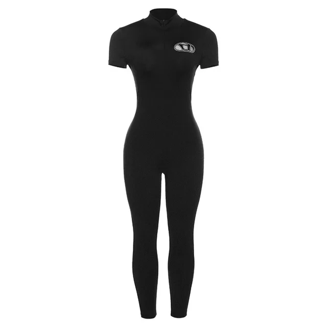Embroidered High Waist Tight Sports Fitness Jumpsuit Black - Shop at LoveMi