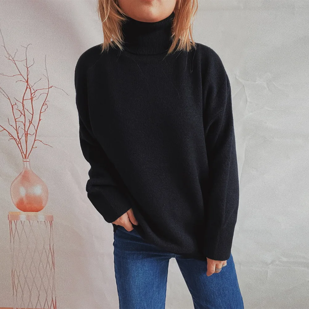 Top Solid Color Turtleneck Long Sleeve Sweaters Pullover Women Black - Shop at LoveMi