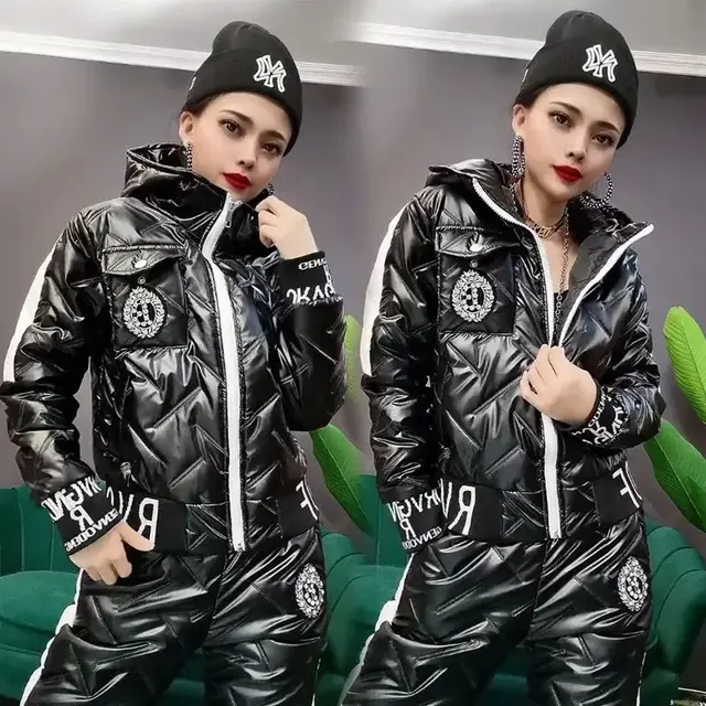 Women's Hooded Padded Cotton Coat Cotton Pants Casual Two piece Suit Black - Shop at LoveMi