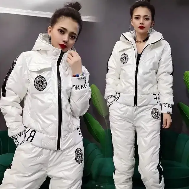 Women's Hooded Padded Cotton Coat Cotton Pants Casual Two piece Suit White - Shop at LoveMi