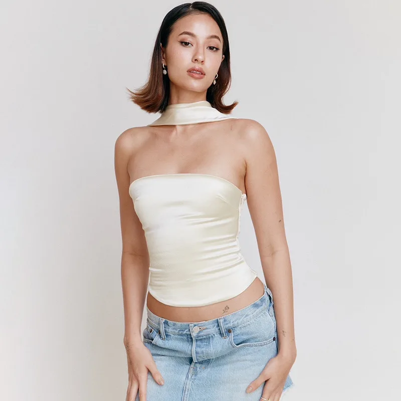 Elegant Graceful Pure Color Halter Bandeau One-shoulder Lady's Date Figure-flattering Top - Apricot