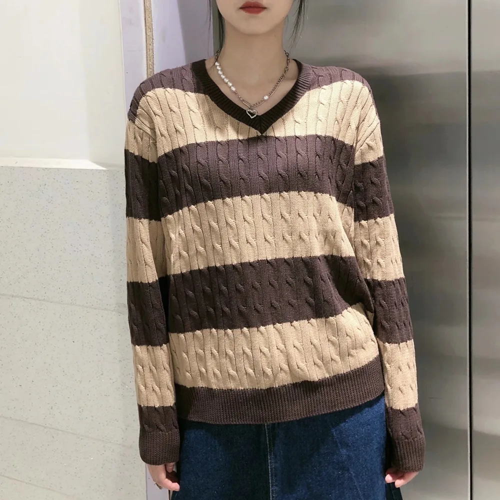 European And American Striped Cable knit Sweater V neck Loose Sweater For Women Khaki - Shop at LoveMi