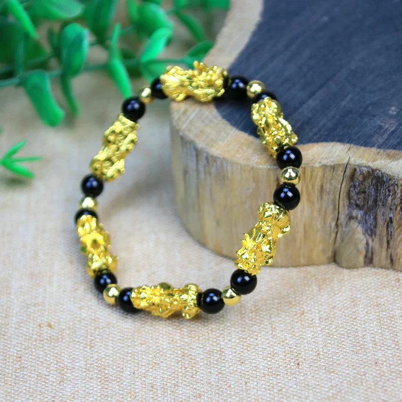 Men's And Women's Fashion Obsidian Gold-plated Leather Show Bracelet - Six Golden Pixiu Black Beads