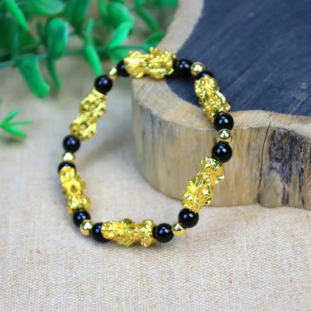 Men's And Women's Fashion Obsidian Gold plated Leather Show Bracelet Six Golden Pixiu Black Beads - Shop at LoveMi