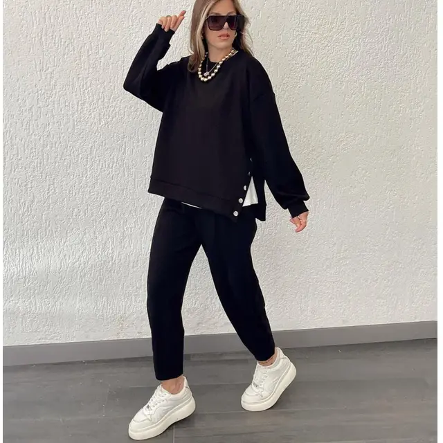 Metal Button Long Sleeve Shirt Sports Casual Ankle Banded Pants Suit Black - Shop at LoveMi