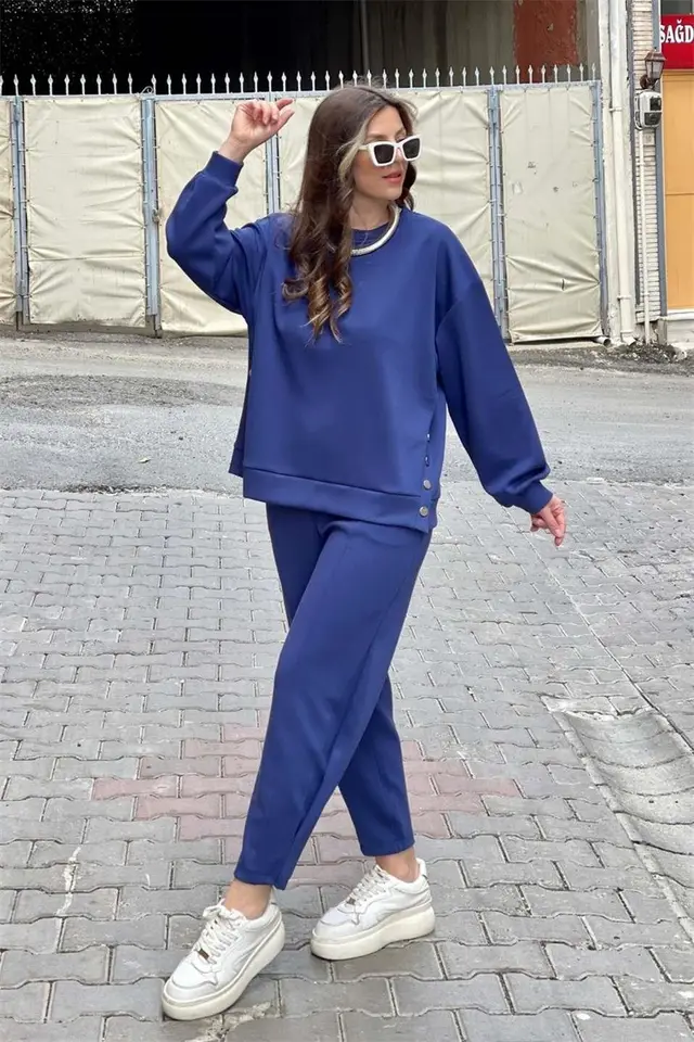 Metal Button Long Sleeve Shirt Sports Casual Ankle Banded Pants Suit Blue - Shop at LoveMi