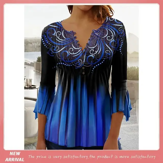 3D Digital Printing Women's Half Cardigan V neck Small Button Long sleeved Top Blue - Shop at LoveMi