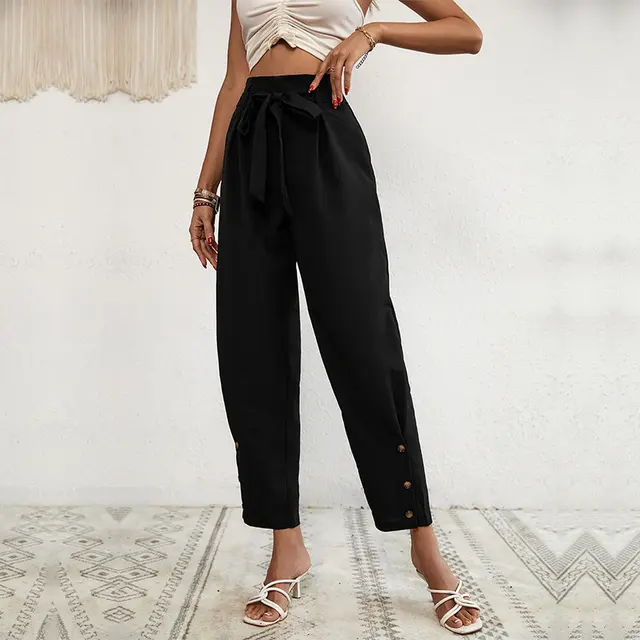 Women's Lace up Commute Style High Waist Pants Black - Shop at LoveMi